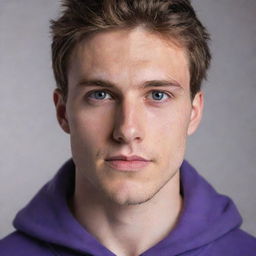 An extraordinarily handsome, 24-year-old white man with exquisitely chiseled features, captivating eyes, and smooth, perfectly styled brown hair, adorning a vibrant purple hoodie