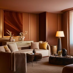 A beautifully furnished interior of a cozy and luxurious room with warm colors, plush furniture and ambient light.