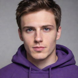 An extraordinarily handsome, 24-year-old white man with exquisitely chiseled features, captivating eyes, and smooth, perfectly styled brown hair, adorning a vibrant purple hoodie