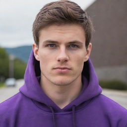 An extraordinarily handsome, 24-year-old white man with exquisitely chiseled features, captivating eyes, and smooth, perfectly styled brown hair, adorning a vibrant purple hoodie