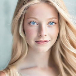 A portrait of a 22-year-old Caucasian female with long, flowing blonde hair and striking blue eyes.