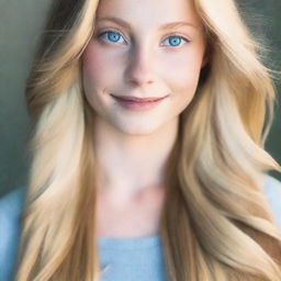 A portrait of a 22-year-old Caucasian female with long, flowing blonde hair and striking blue eyes.