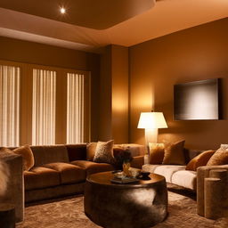 A beautifully furnished interior of a cozy and luxurious room with warm colors, plush furniture and ambient light.