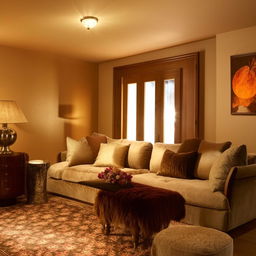 A beautifully furnished interior of a cozy and luxurious room with warm colors, plush furniture and ambient light.