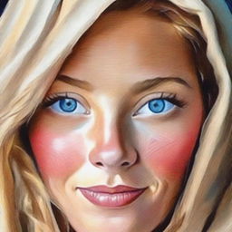 Enhance the woman's features with vivid blue eyes, adding an extra touch of realism to her portrait.