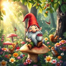 A whimsical scene featuring a cheerful gnome in a vibrant, lush forest