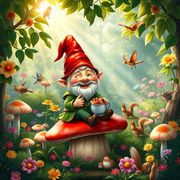 A whimsical scene featuring a cheerful gnome in a vibrant, lush forest