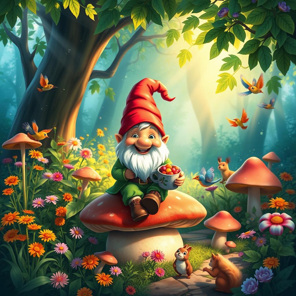 A whimsical scene featuring a cheerful gnome in a vibrant, lush forest