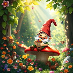 A whimsical scene featuring a cheerful gnome in a vibrant, lush forest