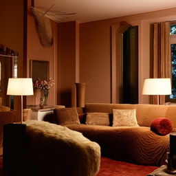 A beautifully furnished interior of a cozy and luxurious room with warm colors, plush furniture and ambient light.