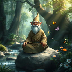 A serene scene depicting a fantasy gnome monk in a tranquil forest setting