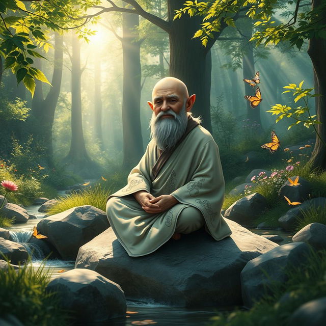 A serene scene depicting a fantasy gnome monk in a tranquil forest setting