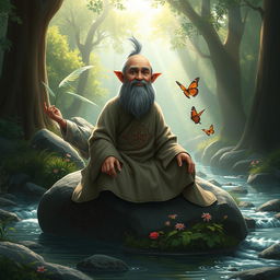 A serene scene depicting a fantasy gnome monk in a tranquil forest setting
