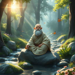 A serene scene depicting a fantasy gnome monk in a tranquil forest setting