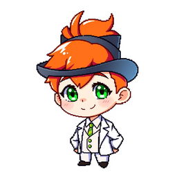 A ginger-haired boy, aged 16, designed in a captivating chibi pixel art style