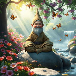 A young gnome monk in a picturesque fantasy setting, meditating on a stone in a serene garden
