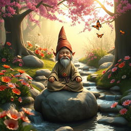 A young gnome monk in a picturesque fantasy setting, meditating on a stone in a serene garden