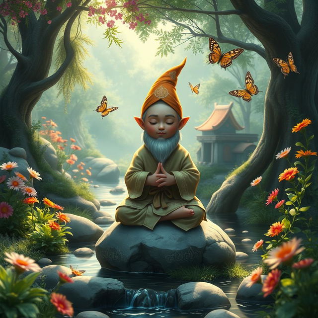 A young gnome monk in a picturesque fantasy setting, meditating on a stone in a serene garden