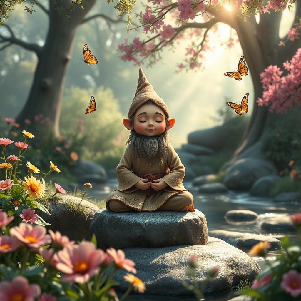 A young gnome monk in a picturesque fantasy setting, meditating on a stone in a serene garden