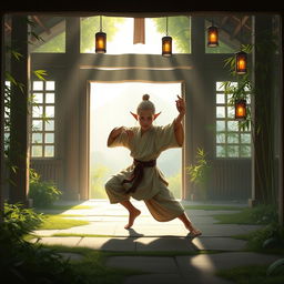 A young halfling monk in a mystical fantasy realm, gracefully practicing martial arts in a serene dojo