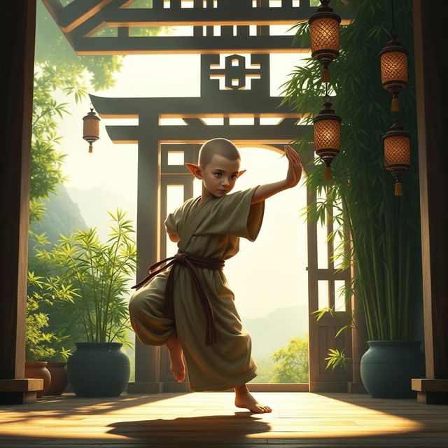 A young halfling monk in a mystical fantasy realm, gracefully practicing martial arts in a serene dojo