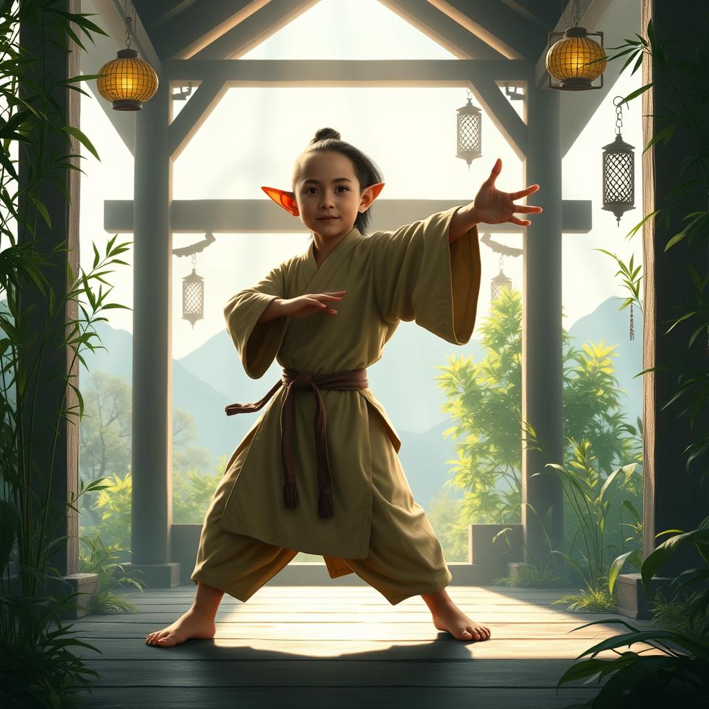 A young halfling monk in a mystical fantasy realm, gracefully practicing martial arts in a serene dojo