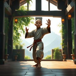 A young halfling monk in a mystical fantasy realm, gracefully practicing martial arts in a serene dojo