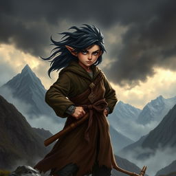 A fierce young halfling monk with dark, flowing hair, standing confidently in a dramatic fantasy landscape