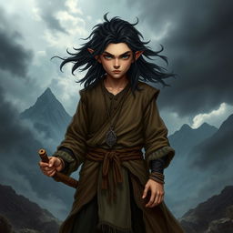 A fierce young halfling monk with dark, flowing hair, standing confidently in a dramatic fantasy landscape