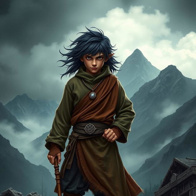 A fierce young halfling monk with dark, flowing hair, standing confidently in a dramatic fantasy landscape