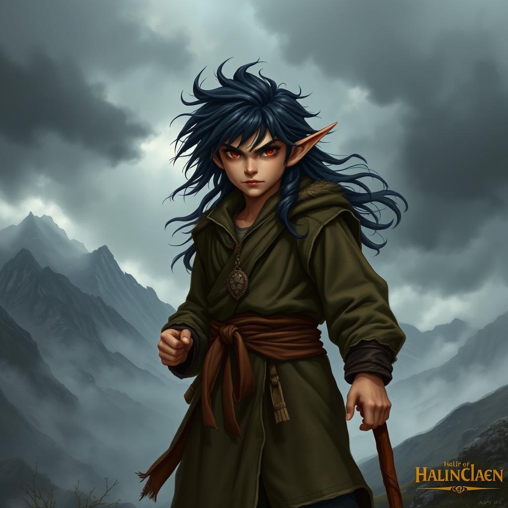 A fierce young halfling monk with dark, flowing hair, standing confidently in a dramatic fantasy landscape