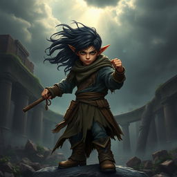 A fierce young halfling monk with dark, flowing hair, wielding a staff in a dramatic fantasy environment
