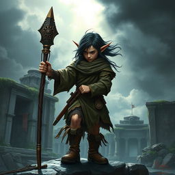 A fierce young halfling monk with dark, flowing hair, wielding a staff in a dramatic fantasy environment