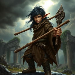 A fierce young halfling monk with dark, flowing hair, wielding a staff in a dramatic fantasy environment