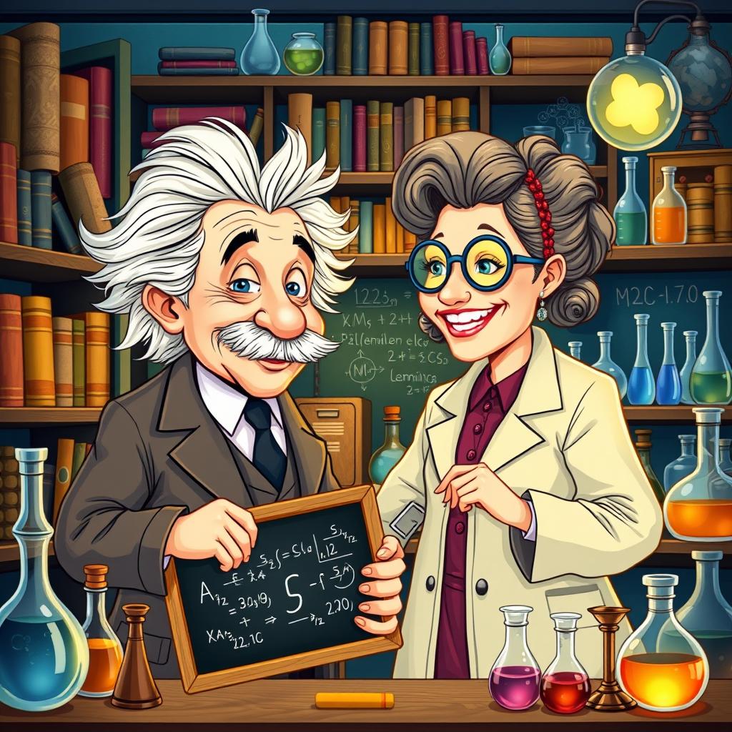 A colorful and whimsical illustration of Albert Einstein and Marie Curie, depicting them engaged in a lively discussion in a laboratory filled with scientific equipment