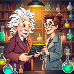A colorful and whimsical illustration of Albert Einstein and Marie Curie, depicting them engaged in a lively discussion in a laboratory filled with scientific equipment