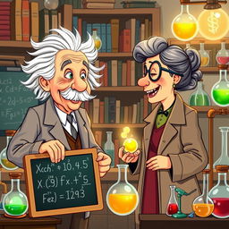 A colorful and whimsical illustration of Albert Einstein and Marie Curie, depicting them engaged in a lively discussion in a laboratory filled with scientific equipment