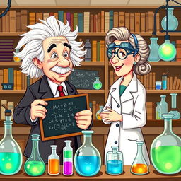 A colorful and whimsical illustration of Albert Einstein and Marie Curie, depicting them engaged in a lively discussion in a laboratory filled with scientific equipment