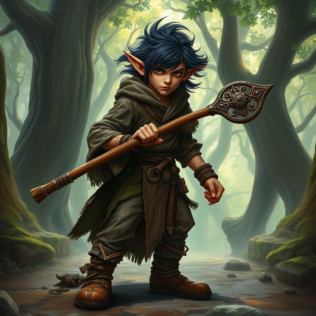 A fierce young halfling monk with dark, flowing hair and human-like ears, wielding a sturdy staff in a mystical fantasy setting