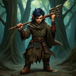 A fierce young halfling monk with dark, flowing hair and human-like ears, wielding a sturdy staff in a mystical fantasy setting