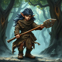 A fierce young halfling monk with dark, flowing hair and human-like ears, wielding a sturdy staff in a mystical fantasy setting