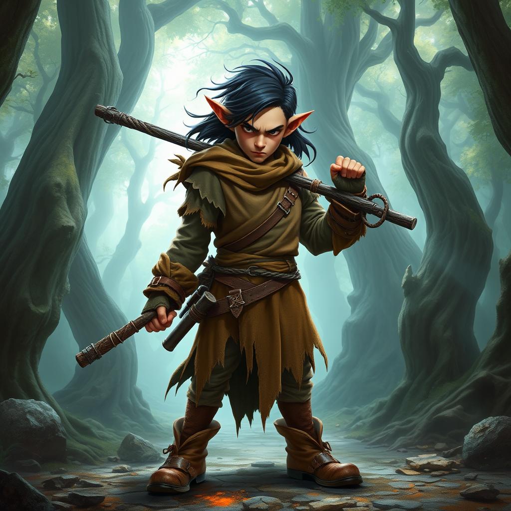 A fierce young halfling monk with dark, flowing hair and human-like ears, wielding a sturdy staff in a mystical fantasy setting