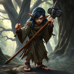 A fierce young halfling monk with dark, long hair and human-like ears, wielding a sturdy staff in an epic fantasy setting