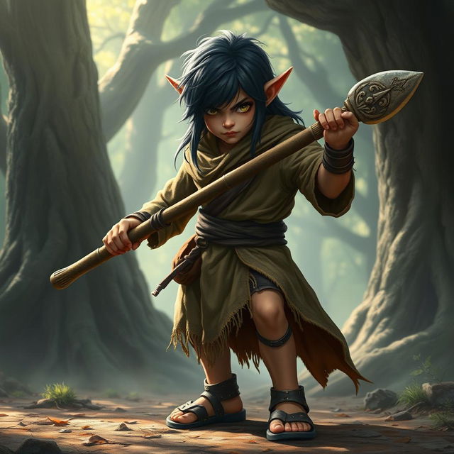 A fierce young halfling monk with dark, long hair and human-like ears, wielding a sturdy staff in an epic fantasy setting