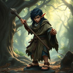 A fierce young halfling monk with dark, long hair and human-like ears, wielding a sturdy staff in an epic fantasy setting