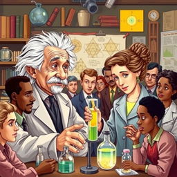 A detailed and colorful illustration of Albert Einstein and Marie Curie along with a diverse team of researchers in a laboratory setting