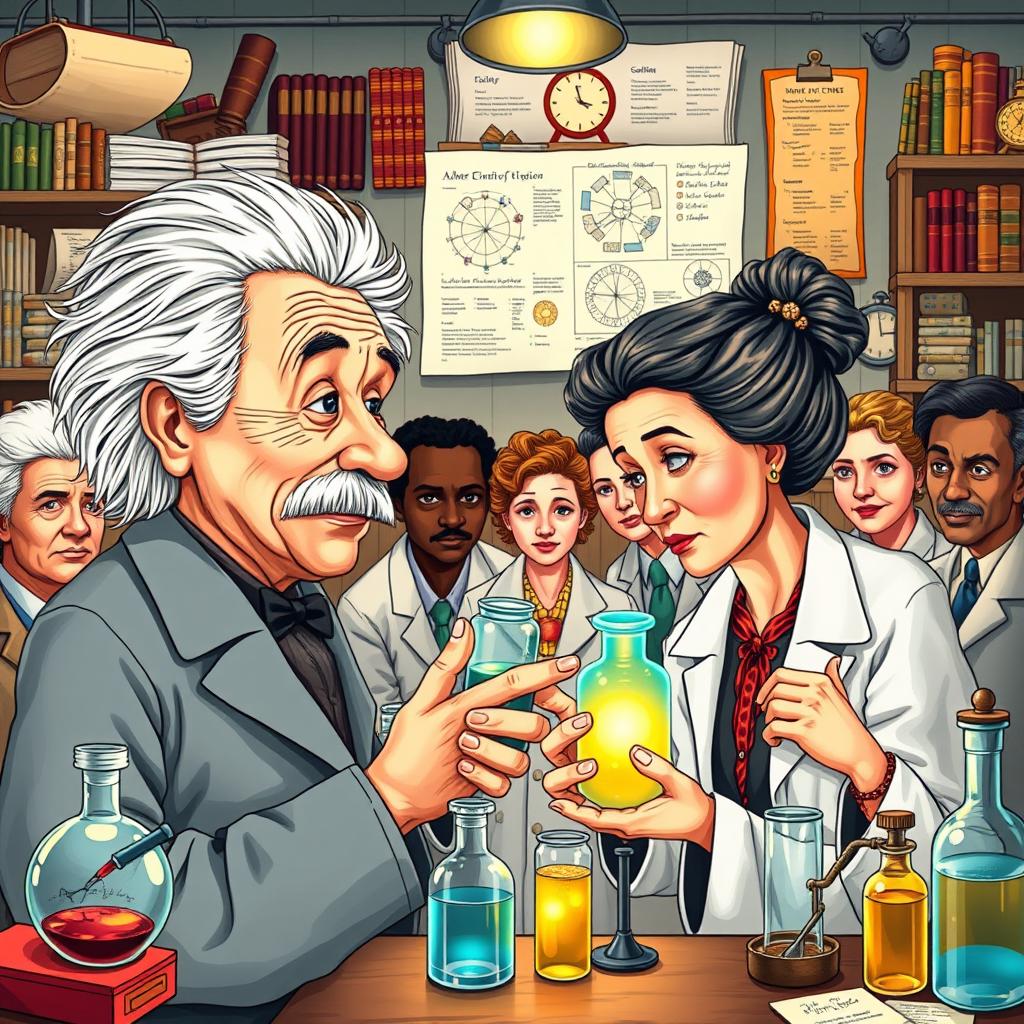 A detailed and colorful illustration of Albert Einstein and Marie Curie along with a diverse team of researchers in a laboratory setting