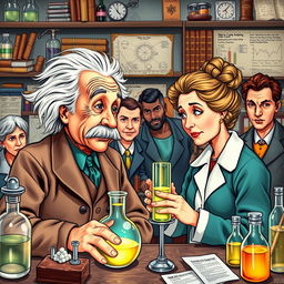 A detailed and colorful illustration of Albert Einstein and Marie Curie along with a diverse team of researchers in a laboratory setting
