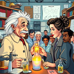 A detailed and colorful illustration of Albert Einstein and Marie Curie along with a diverse team of researchers in a laboratory setting