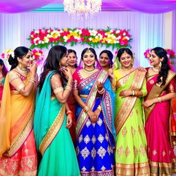A vibrant scene featuring a group of Indian bridesmaids dressed in colorful traditional attire, including lehengas and sarees adorned with intricate embroidery and embellishments